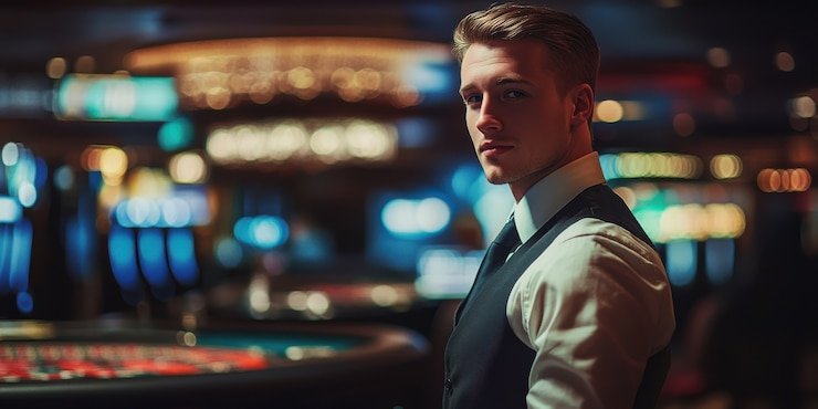 Dealer menampilkan kartu Lucky Twins di studio kasino slot united
